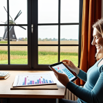 **Image Prompt:** A person happily managing finances on a tablet while sitting in a cozy Dutch "woonkamer" (living room), with visuals of charts showing financial growth and a windmill visible through the window. The overall scene should convey a sense of financial freedom and "gezelligheid" (coziness).