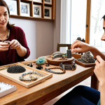 **A cozy living room scene with handmade jewelry displayed on a table. A woman is showcasing her creations to a potential customer. Etsy logo subtly placed in the background.**