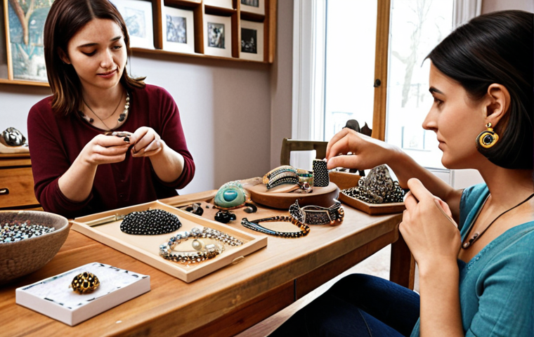 **A cozy living room scene with handmade jewelry displayed on a table. A woman is showcasing her creations to a potential customer. Etsy logo subtly placed in the background.**
